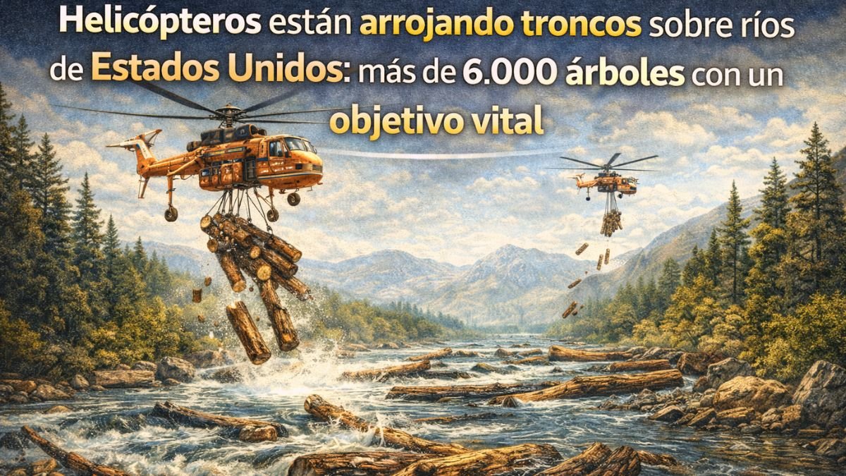 Helicópteros están arrojando troncos sobre ríos de Estados Unidos: más de 6.000 árboles con un objetivo vital